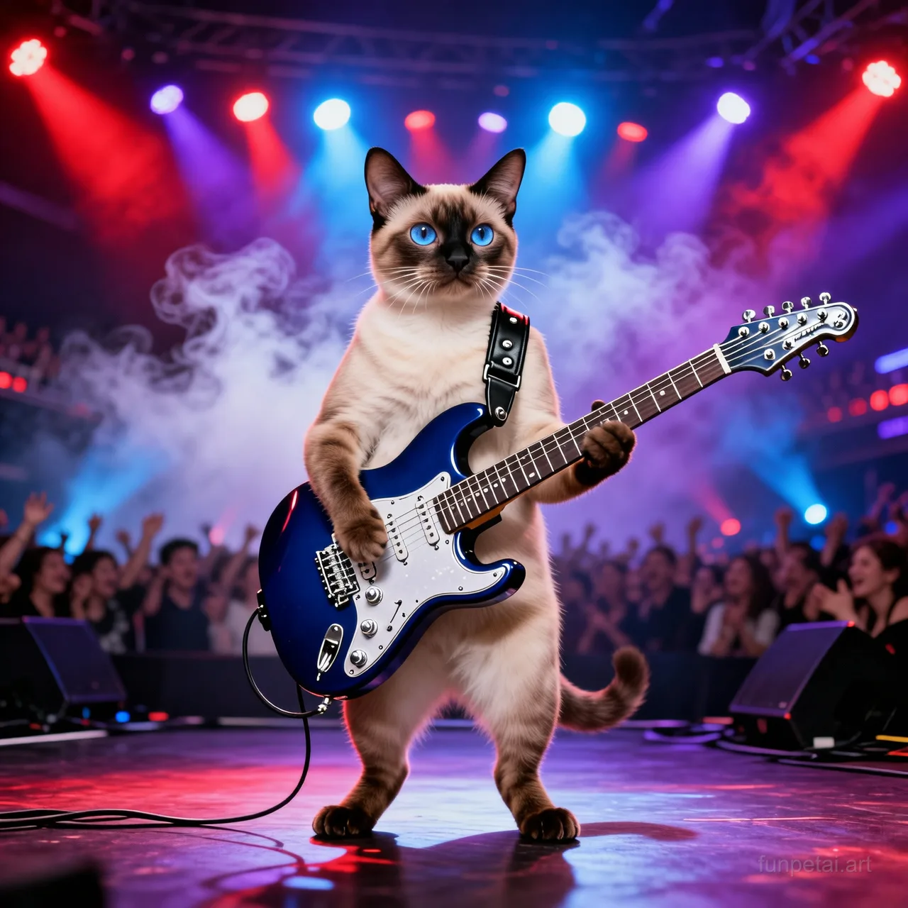 Siamese on stage with an electric guitar and concert lights, cinematic AI pet portrait