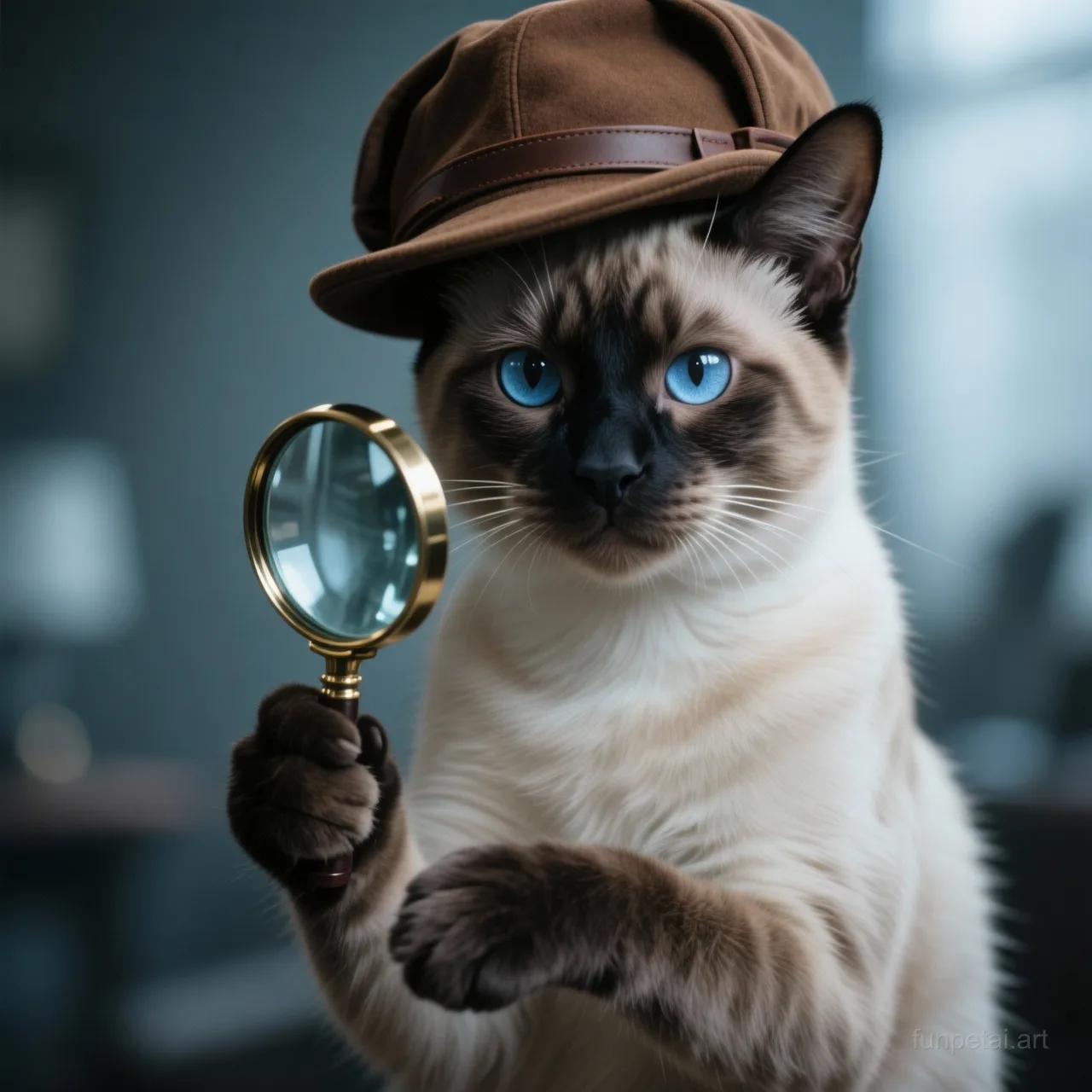 Siamese as a detective with a deerstalker hat and magnifier, cinematic AI pet portrait