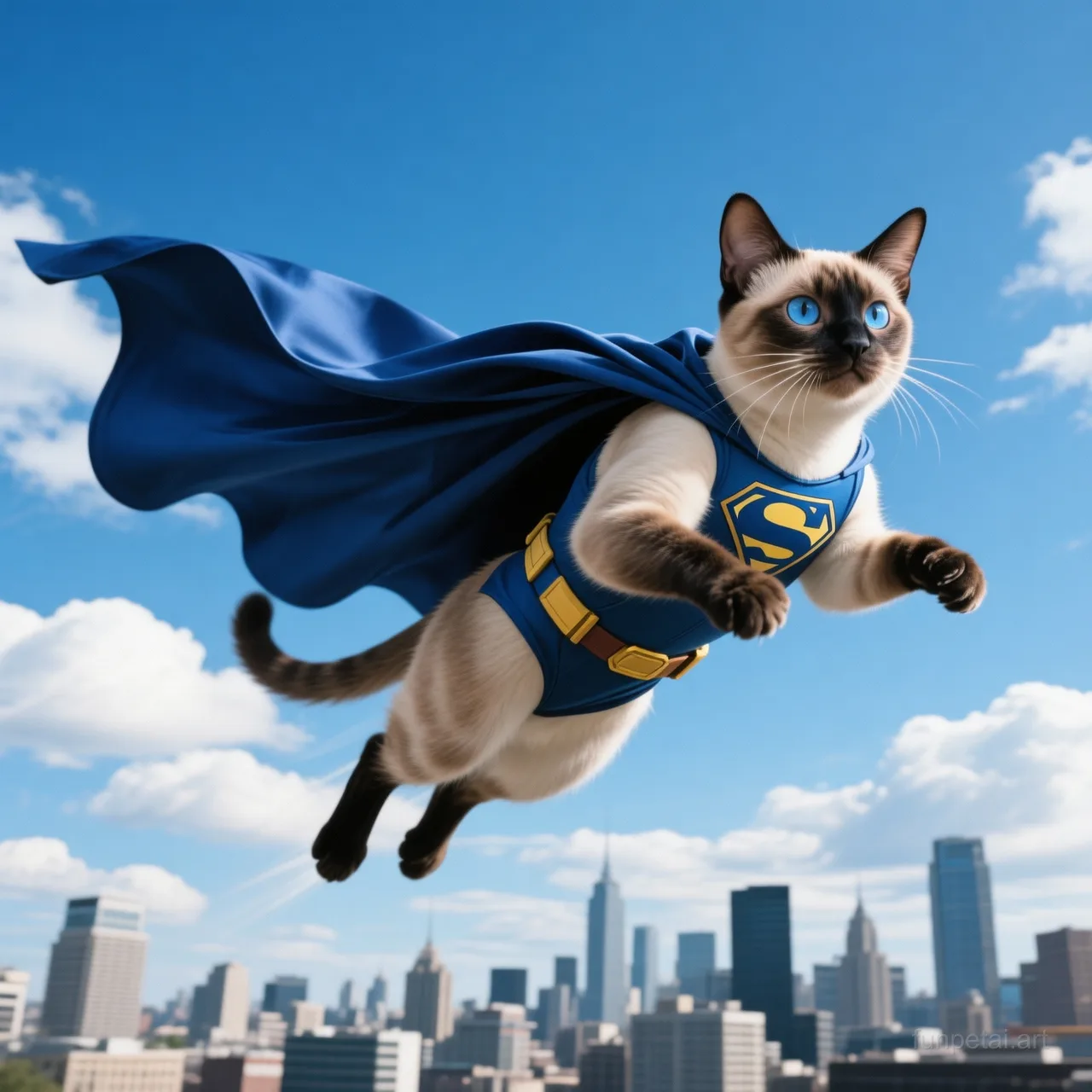 Siamese as a superhero with a cape and heroic sky, cinematic AI pet portrait