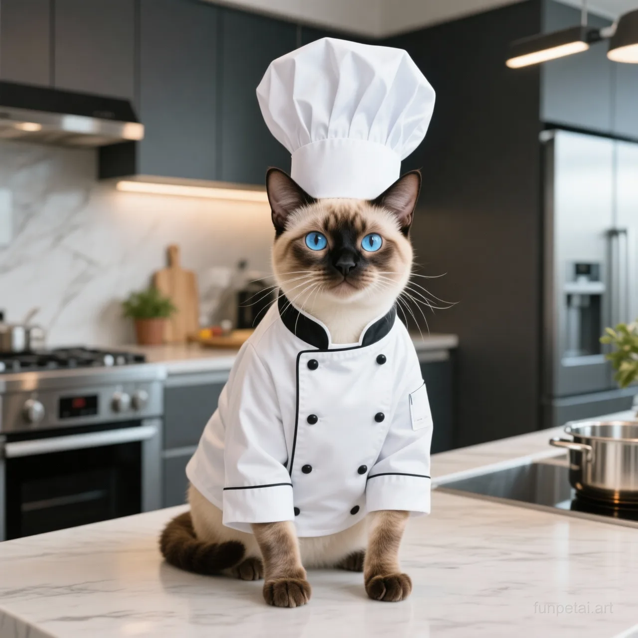 Siamese wearing a chef hat in a modern kitchen, cinematic AI pet portrait