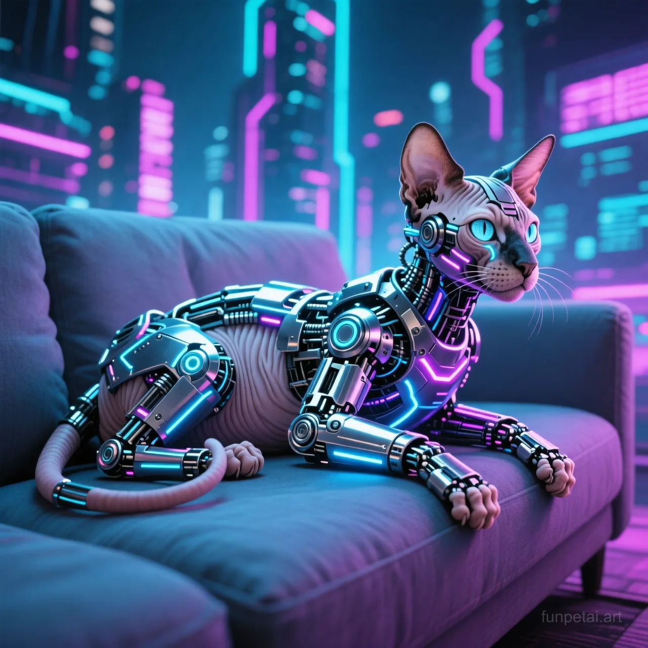Sphynx in neon cyberpunk city lights with metallic accents, cinematic AI pet portrait