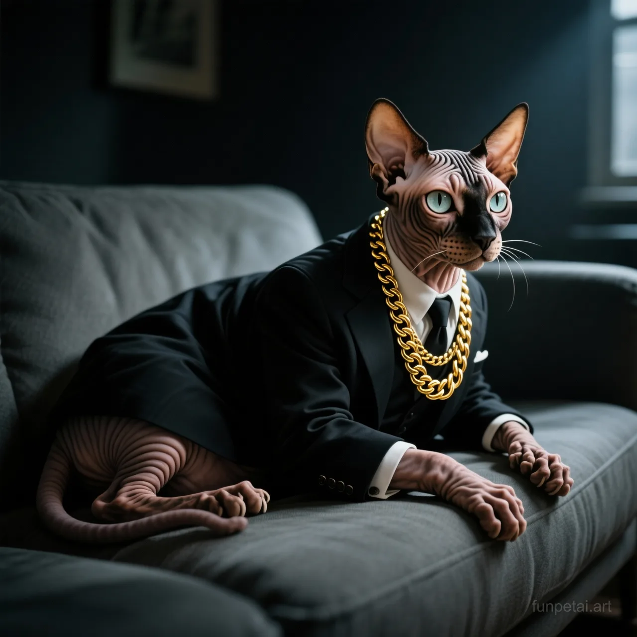 Sphynx in a dark suit with gold chain, cinematic noir lighting, cinematic AI pet portrait