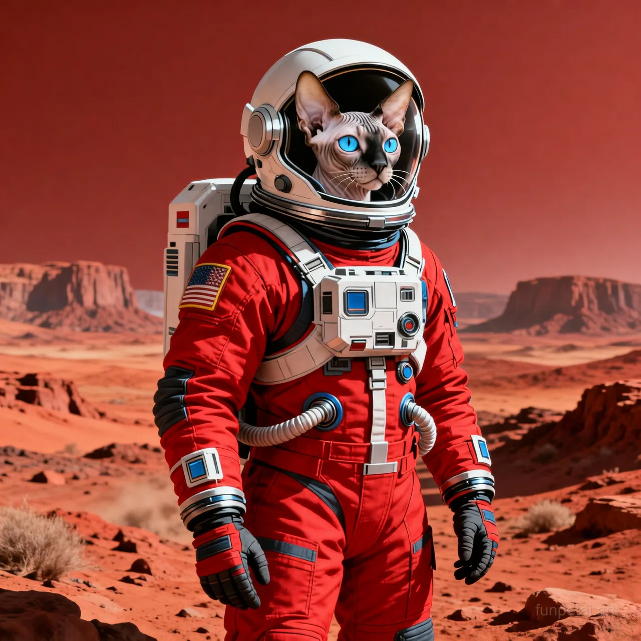 Sphynx wearing a space suit on Mars, red planet glow, cinematic AI pet portrait