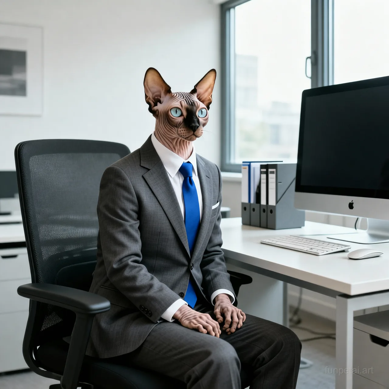 Sphynx in a tailored suit at a modern office desk, cinematic AI pet portrait