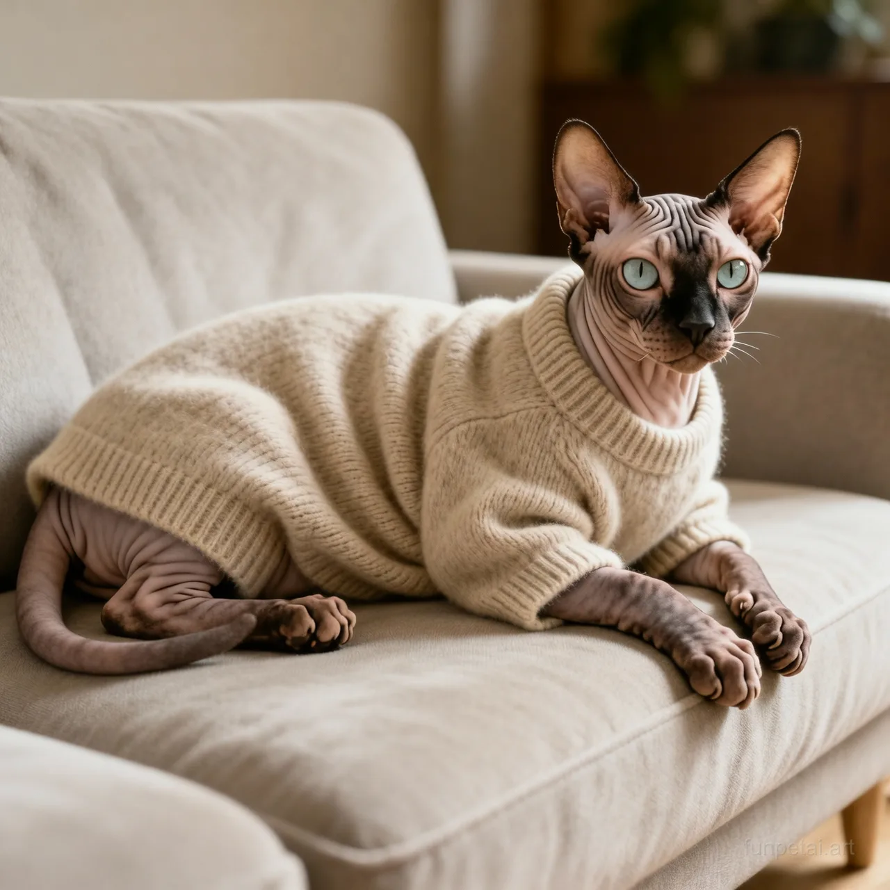 Sphynx in an old money portrait with cashmere texture, cinematic AI pet portrait