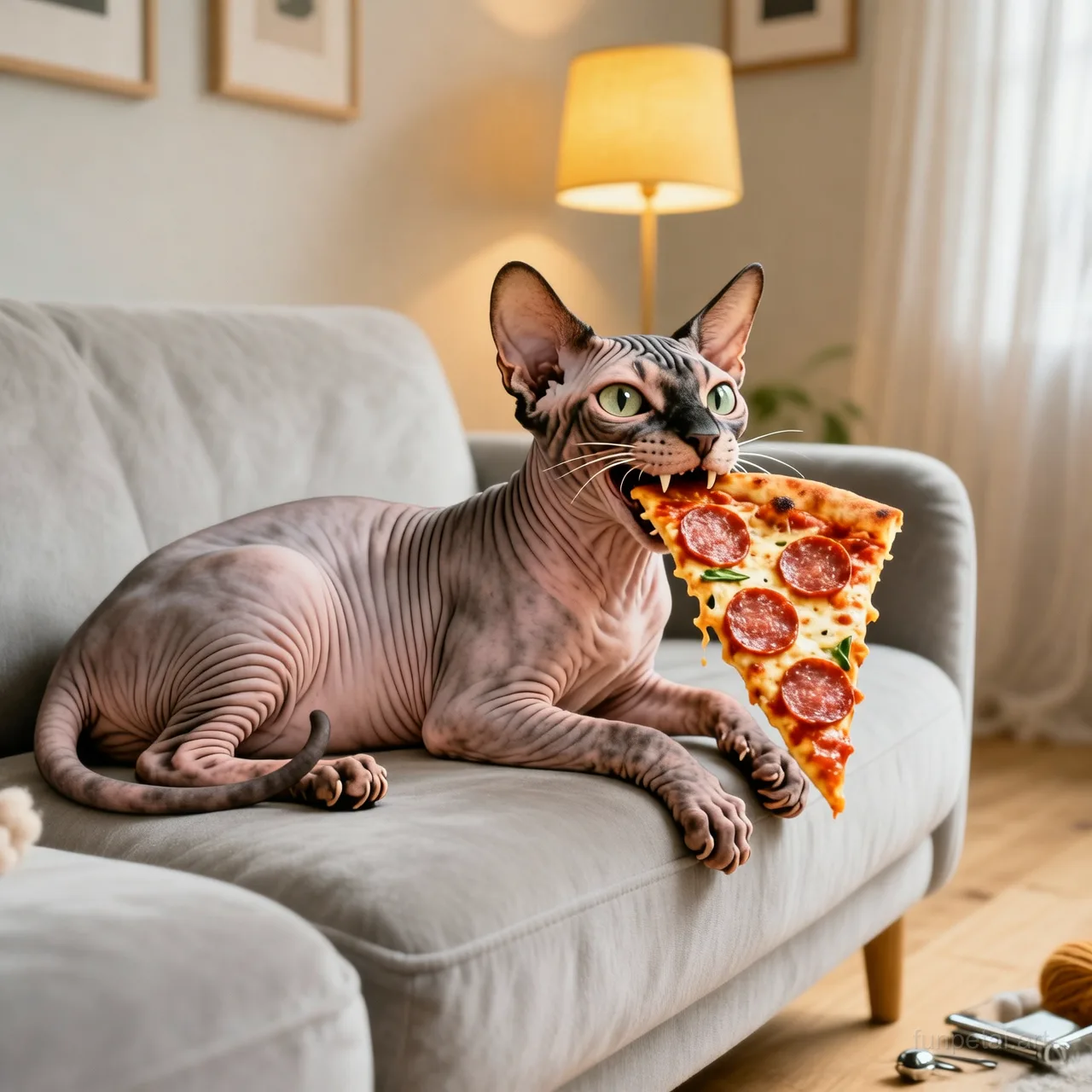 Sphynx stealing a pizza slice with a playful expression, cinematic AI pet portrait