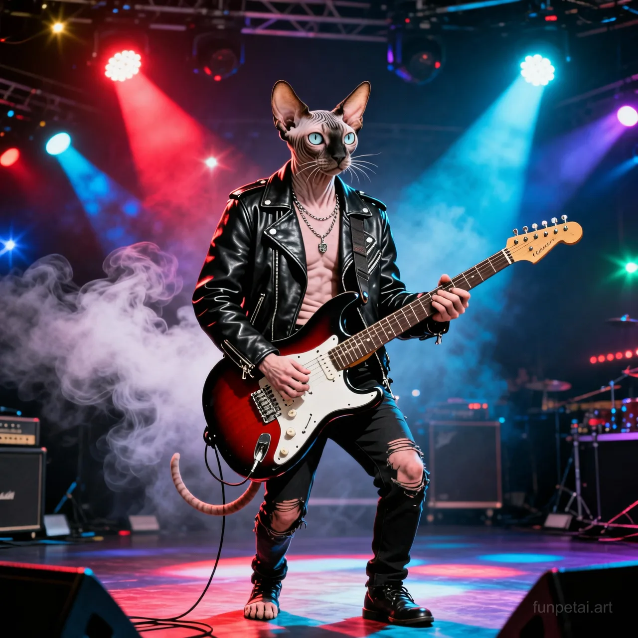 Sphynx on stage with an electric guitar and concert lights, cinematic AI pet portrait