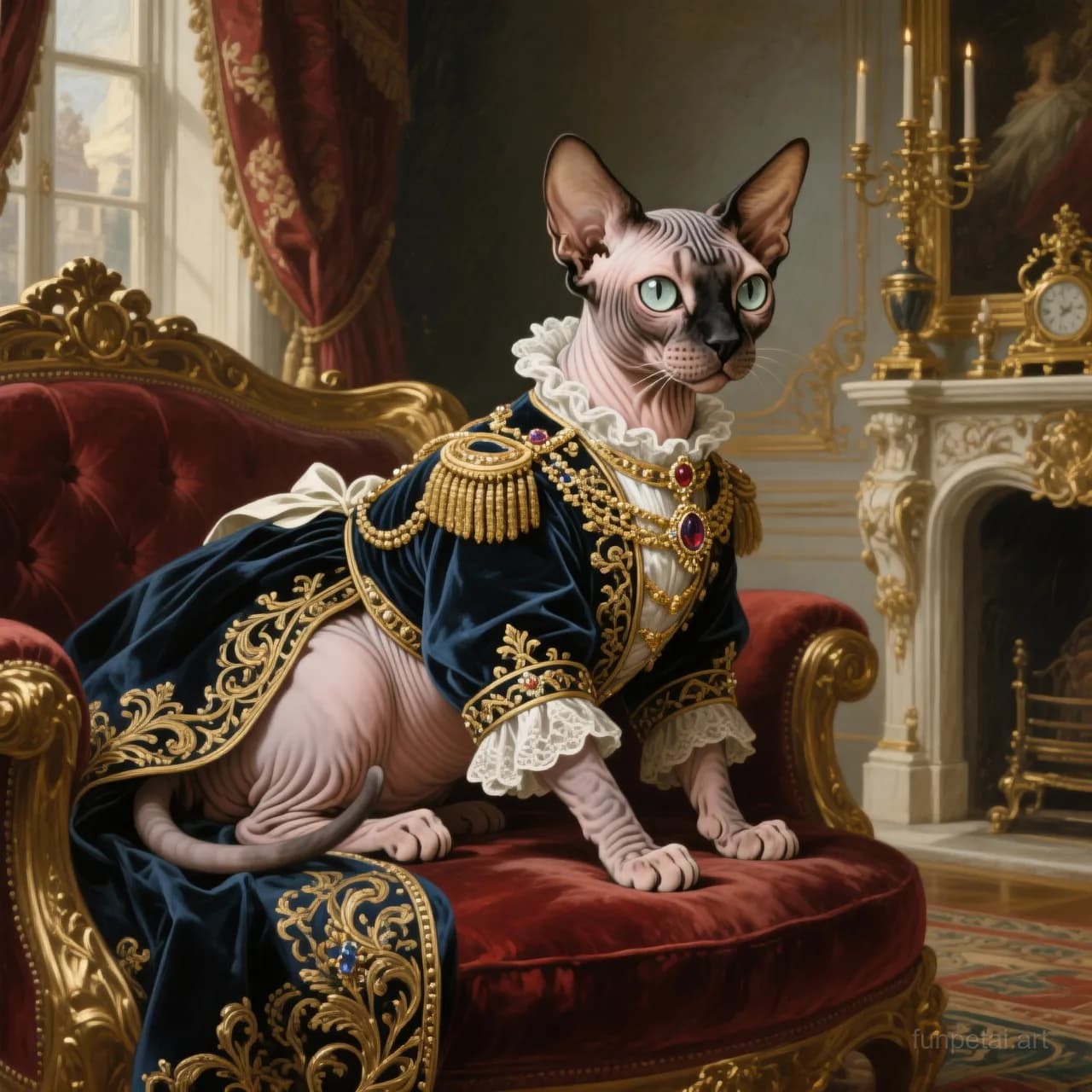 Sphynx in a royal portrait with ornate outfit, classic oil texture, cinematic AI pet portrait