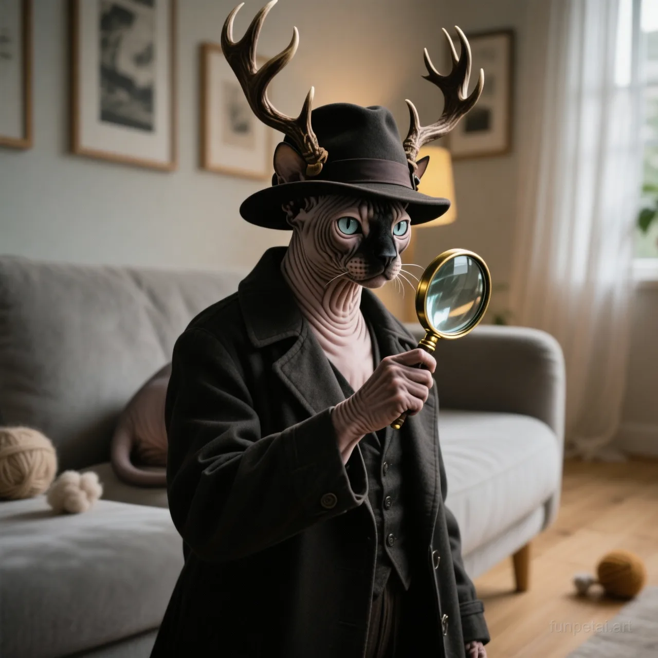 Sphynx as a detective with a deerstalker hat and magnifier, cinematic AI pet portrait