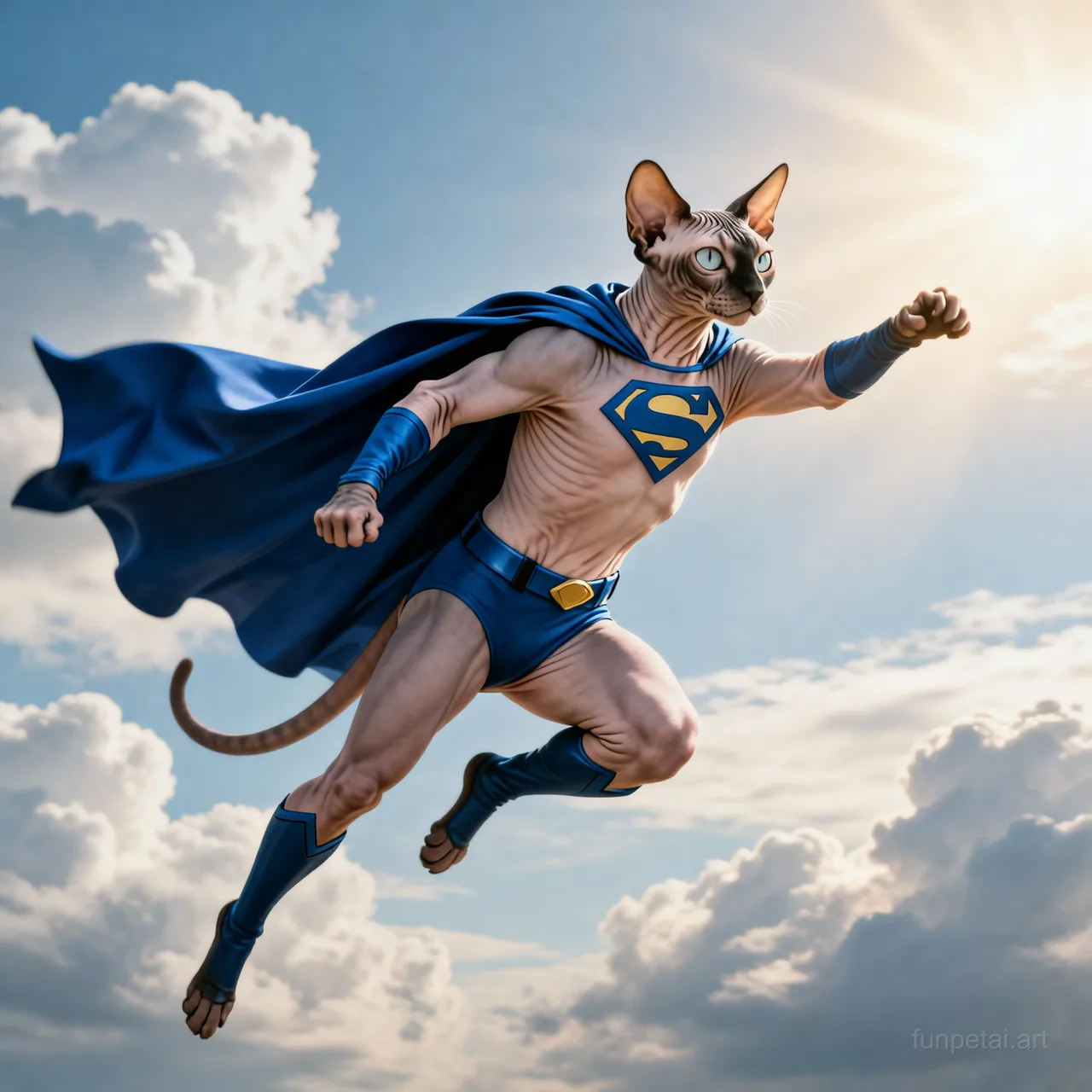 Sphynx as a superhero with a cape and heroic sky, cinematic AI pet portrait
