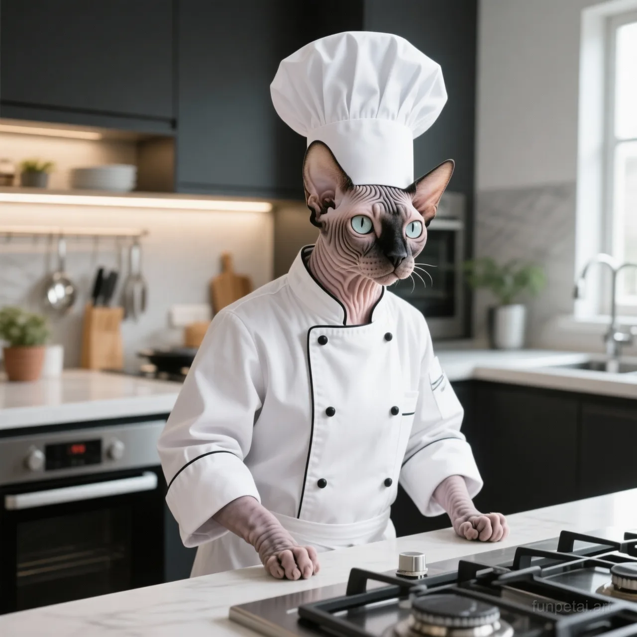 Sphynx wearing a chef hat in a modern kitchen, cinematic AI pet portrait