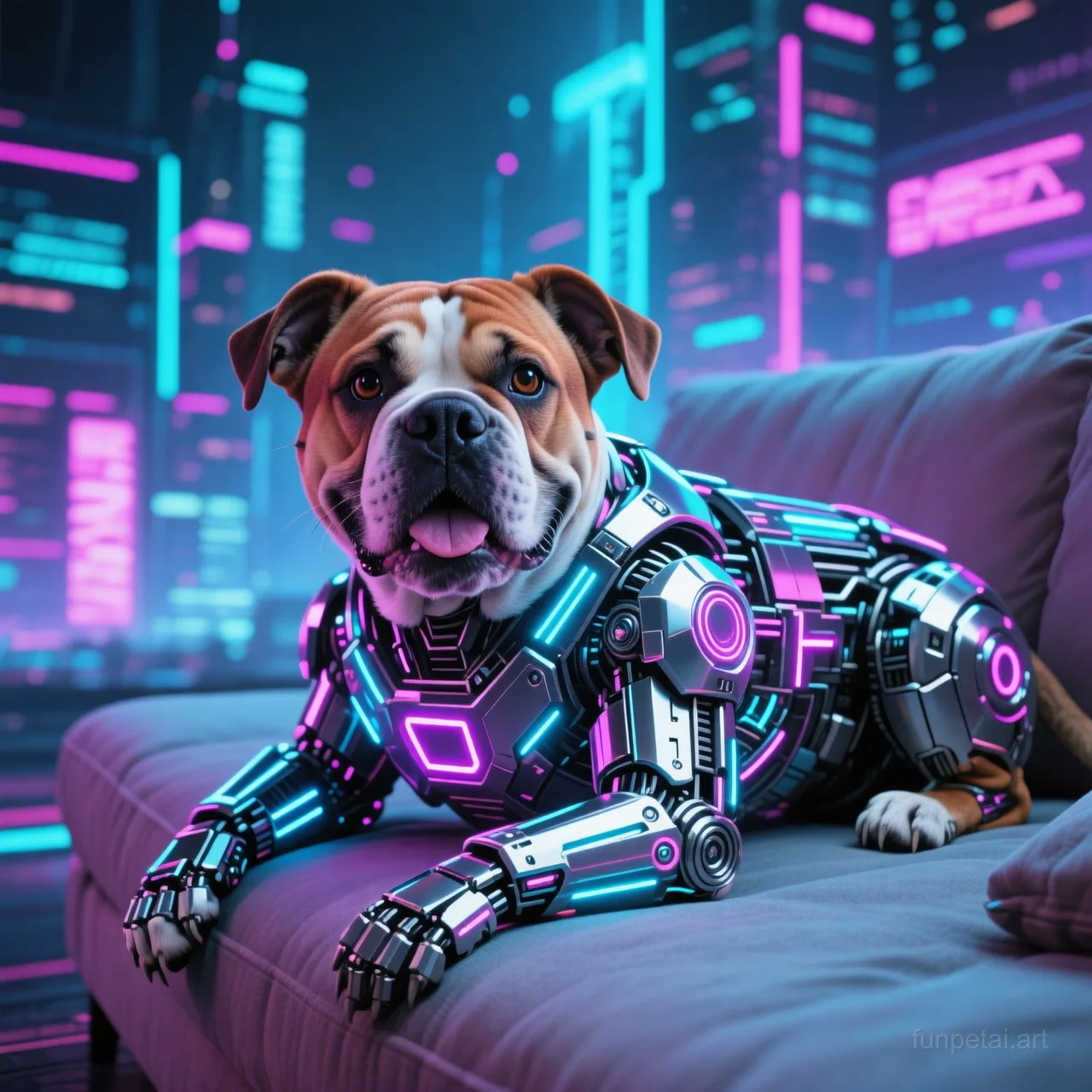 Staffordshire Bull Terrier in neon cyberpunk city lights with metallic accents, cinematic AI pet portrait