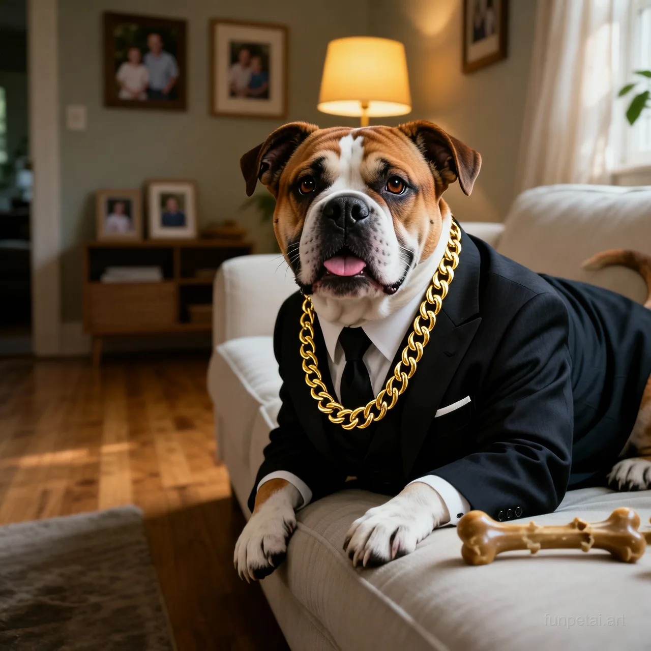 Staffordshire Bull Terrier in a dark suit with gold chain, cinematic noir lighting, cinematic AI pet portrait