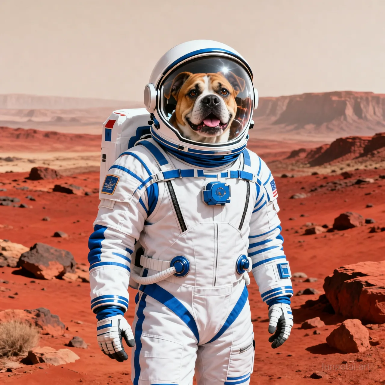 Staffordshire Bull Terrier wearing a space suit on Mars, red planet glow, cinematic AI pet portrait