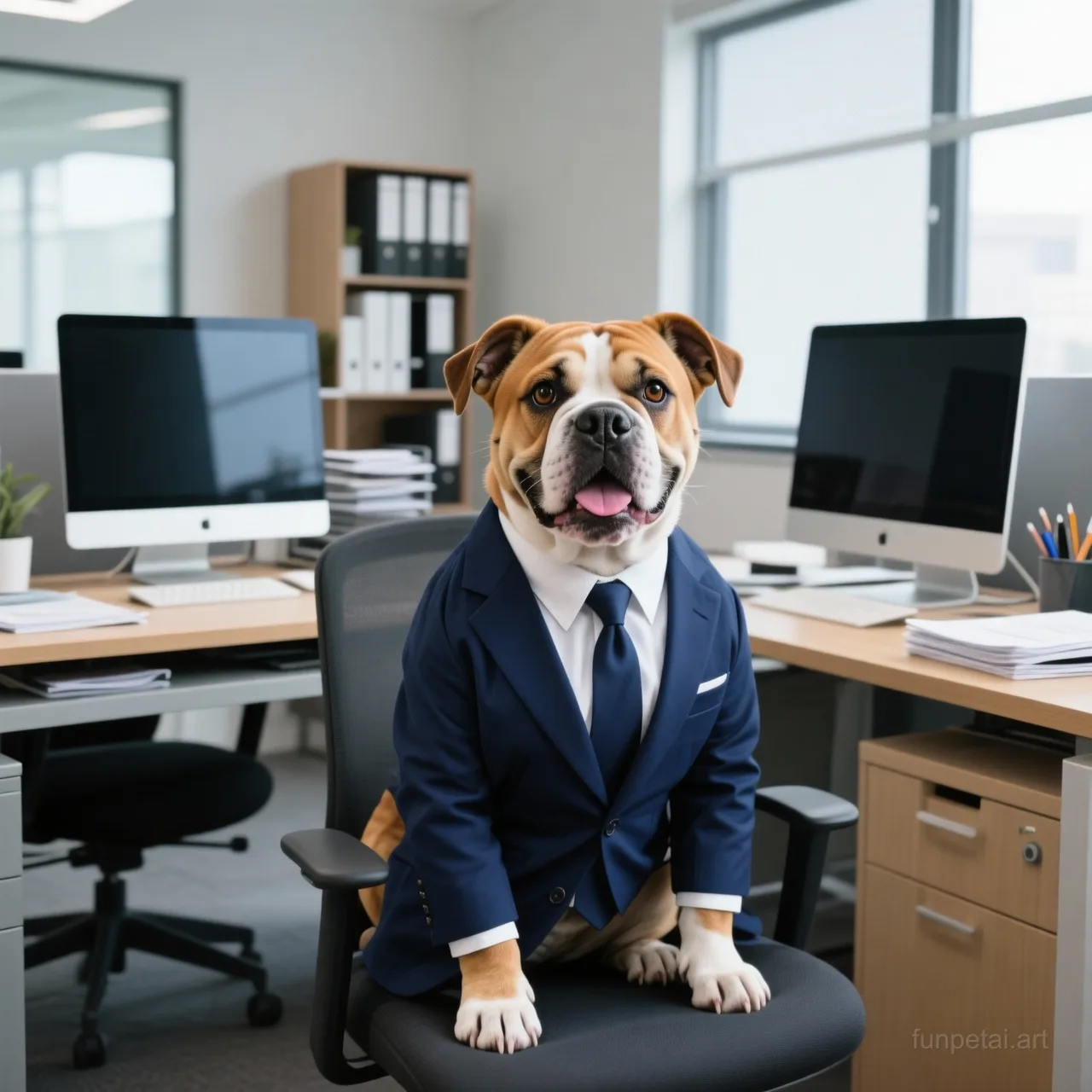 Staffordshire Bull Terrier in a tailored suit at a modern office desk, cinematic AI pet portrait