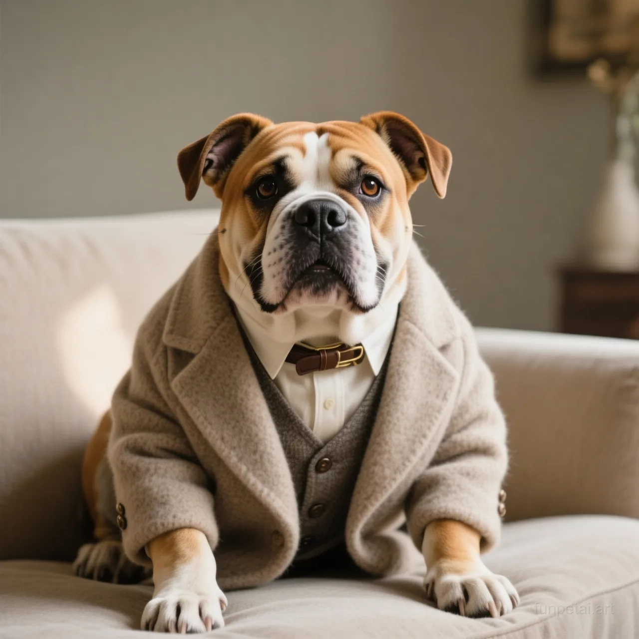 Staffordshire Bull Terrier in an old money portrait with cashmere texture, cinematic AI pet portrait