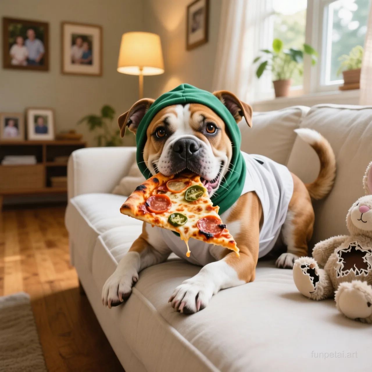 Staffordshire Bull Terrier stealing a pizza slice with a playful expression, cinematic AI pet portrait