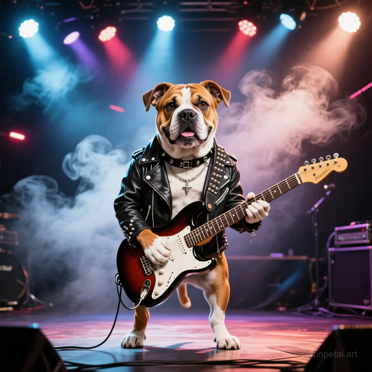 Staffordshire Bull Terrier on stage with an electric guitar and concert lights, cinematic AI pet portrait