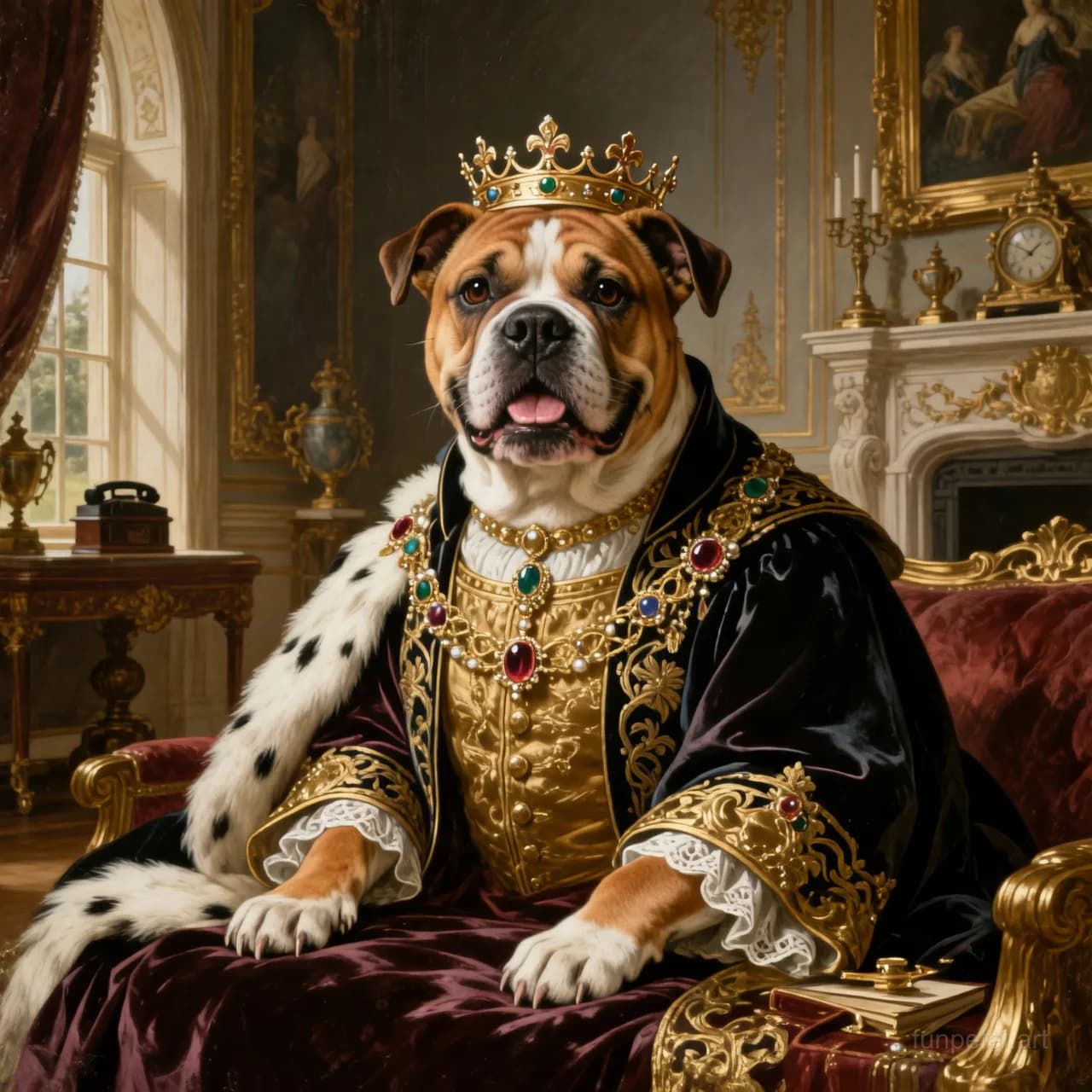 Staffordshire Bull Terrier in a royal portrait with ornate outfit, classic oil texture, cinematic AI pet portrait