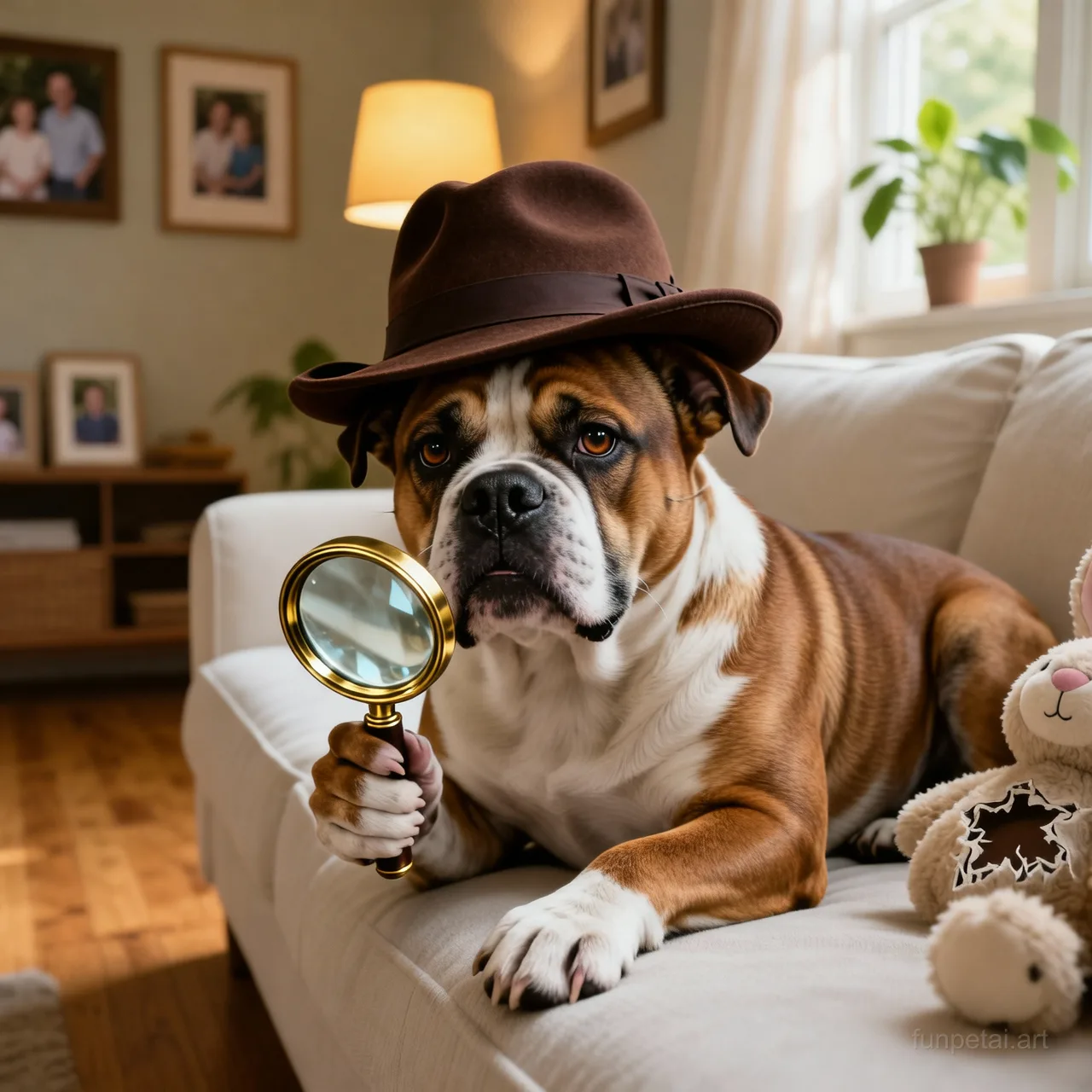 Staffordshire Bull Terrier as a detective with a deerstalker hat and magnifier, cinematic AI pet portrait