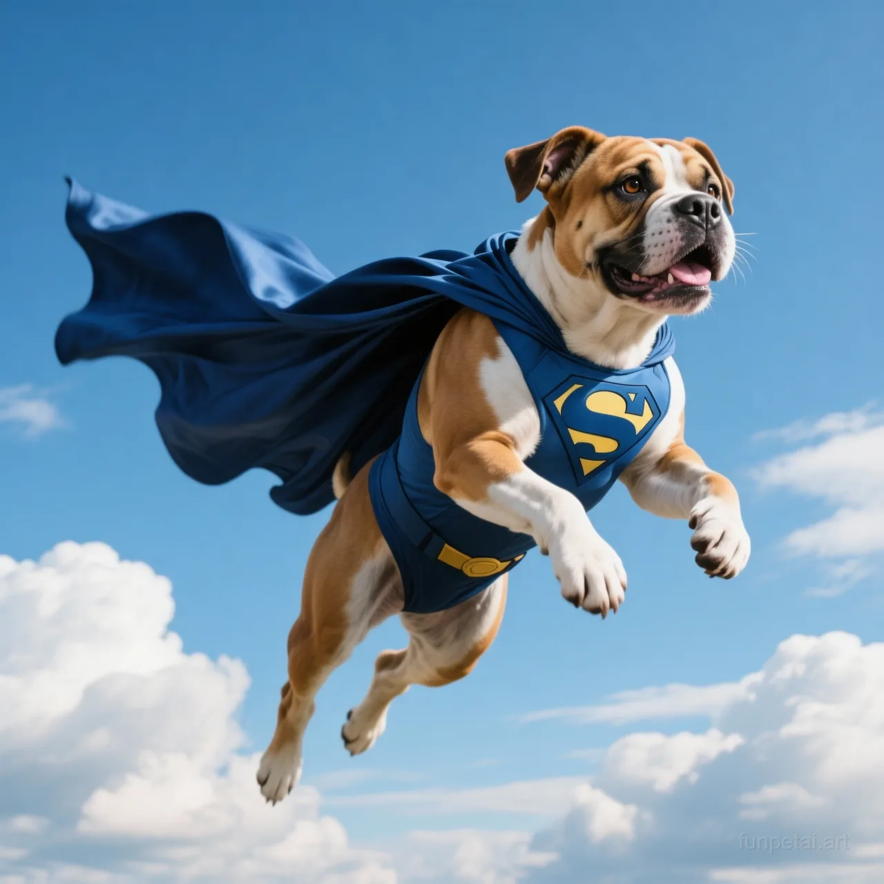 Staffordshire Bull Terrier as a superhero with a cape and heroic sky, cinematic AI pet portrait