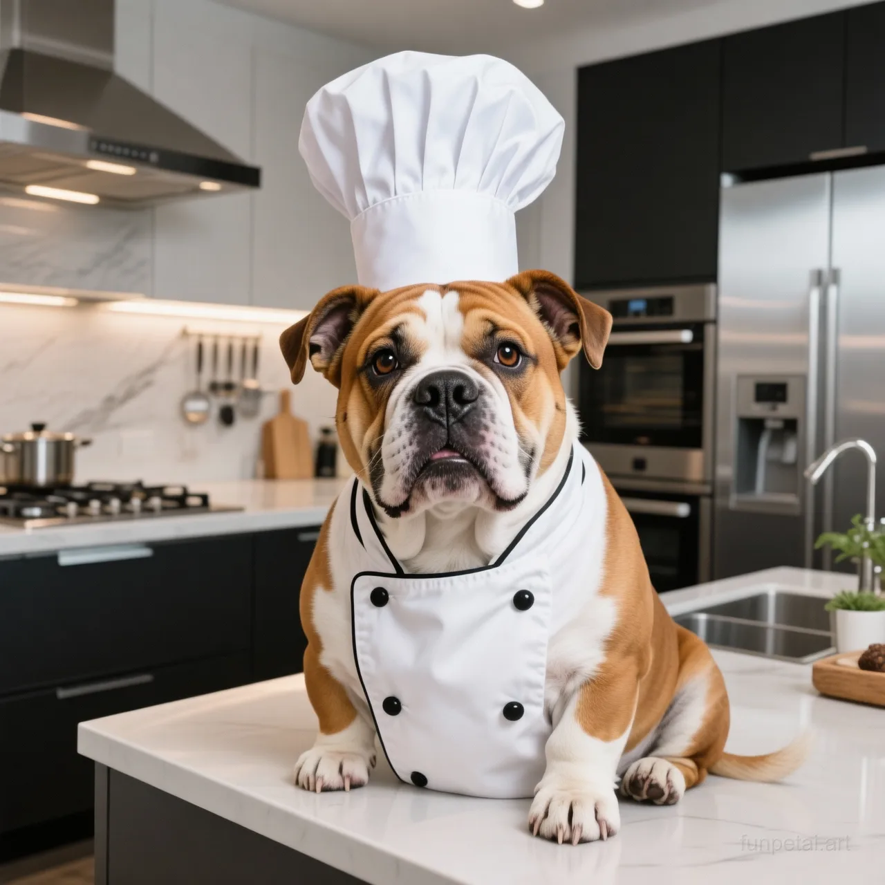 Staffordshire Bull Terrier wearing a chef hat in a modern kitchen, cinematic AI pet portrait