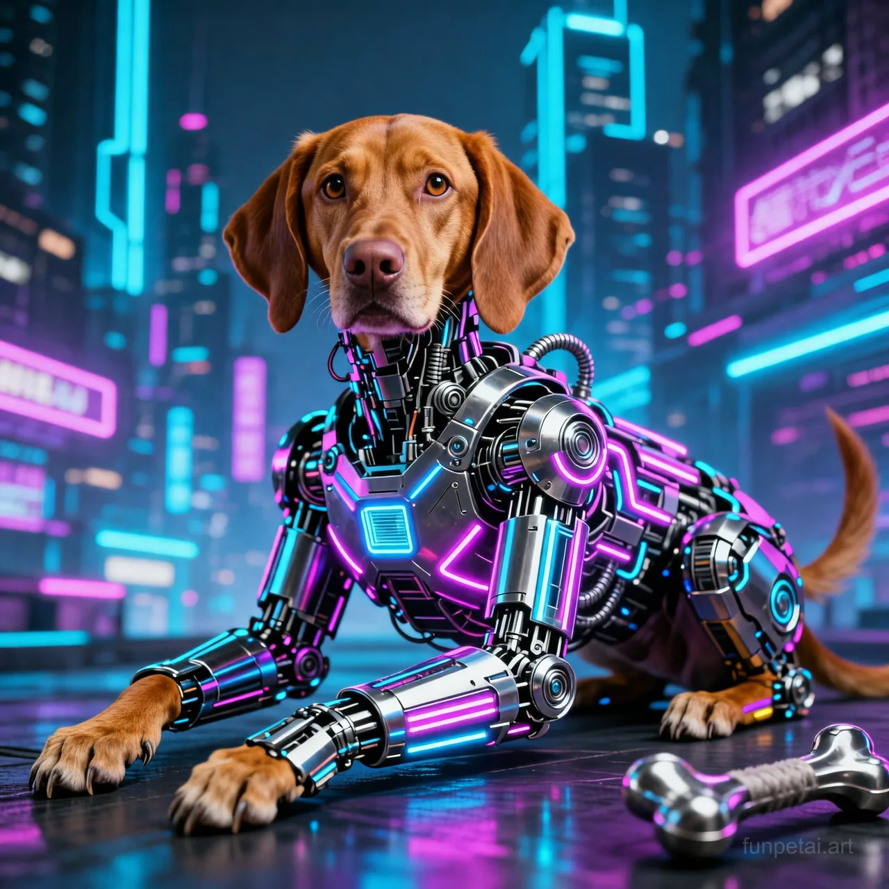 Vizsla in neon cyberpunk city lights with metallic accents, cinematic AI pet portrait