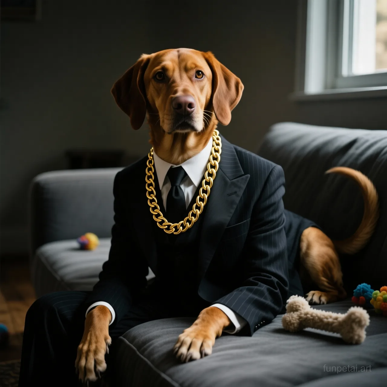 Vizsla in a dark suit with gold chain, cinematic noir lighting, cinematic AI pet portrait