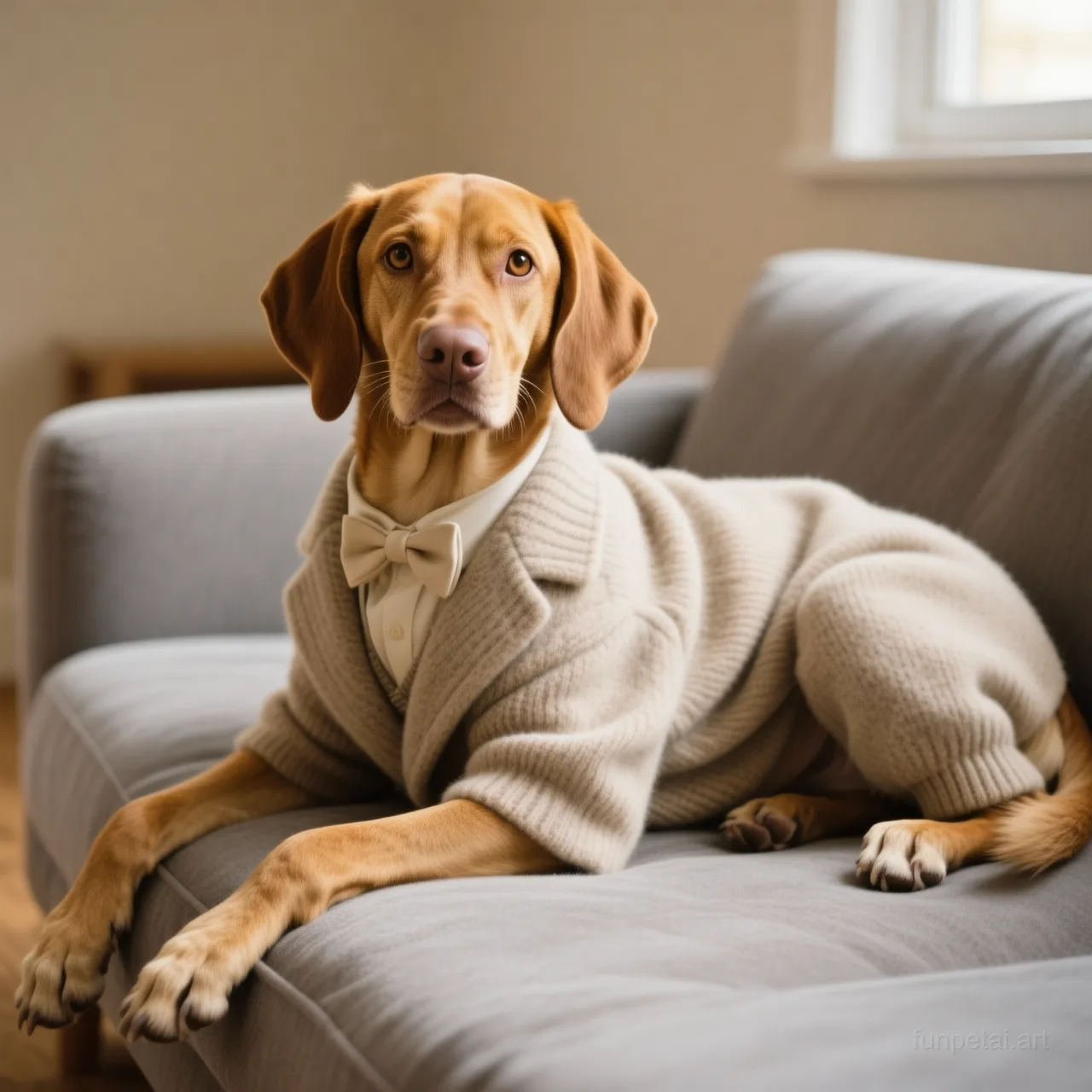 Vizsla in an old money portrait with cashmere texture, cinematic AI pet portrait