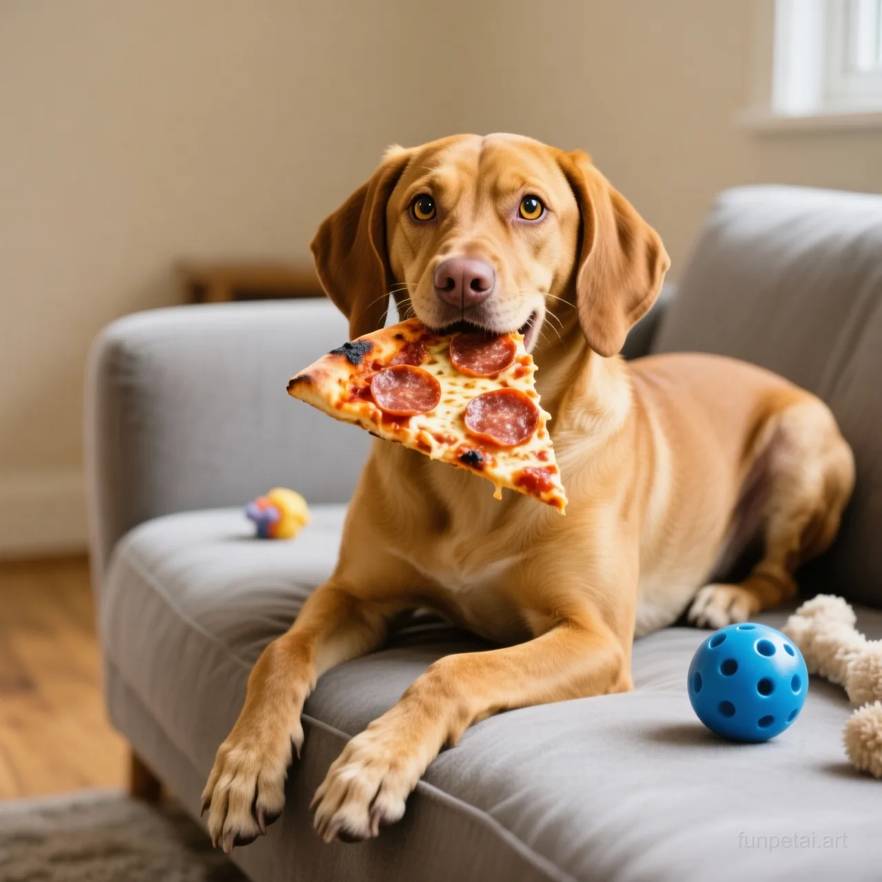 Vizsla stealing a pizza slice with a playful expression, cinematic AI pet portrait