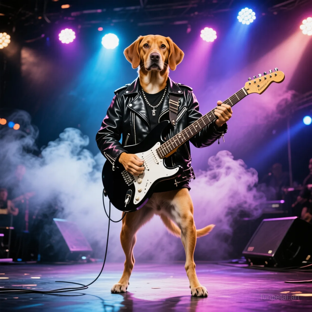 Vizsla on stage with an electric guitar and concert lights, cinematic AI pet portrait