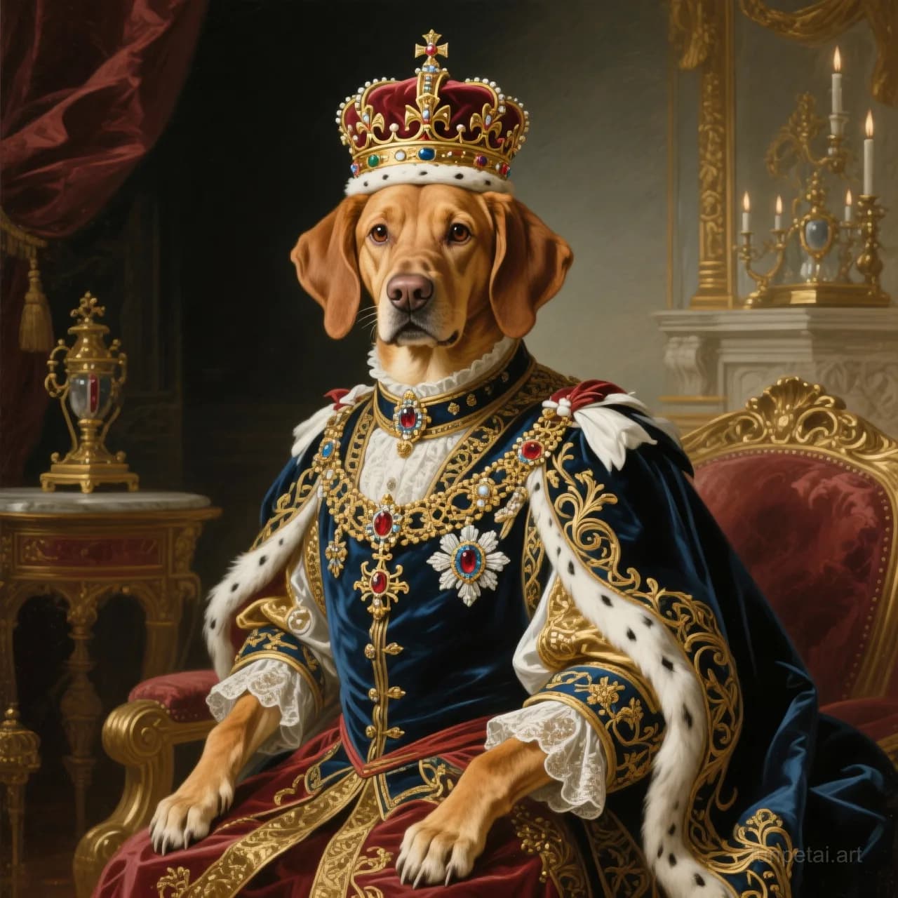 Vizsla in a royal portrait with ornate outfit, classic oil texture, cinematic AI pet portrait