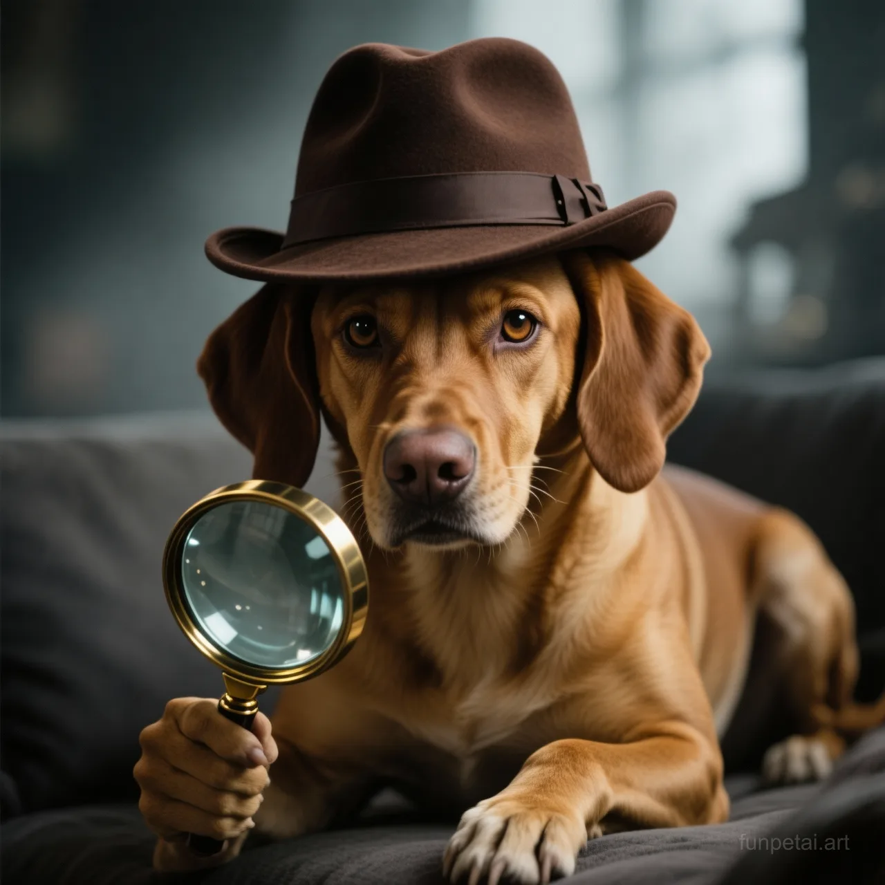 Vizsla as a detective with a deerstalker hat and magnifier, cinematic AI pet portrait