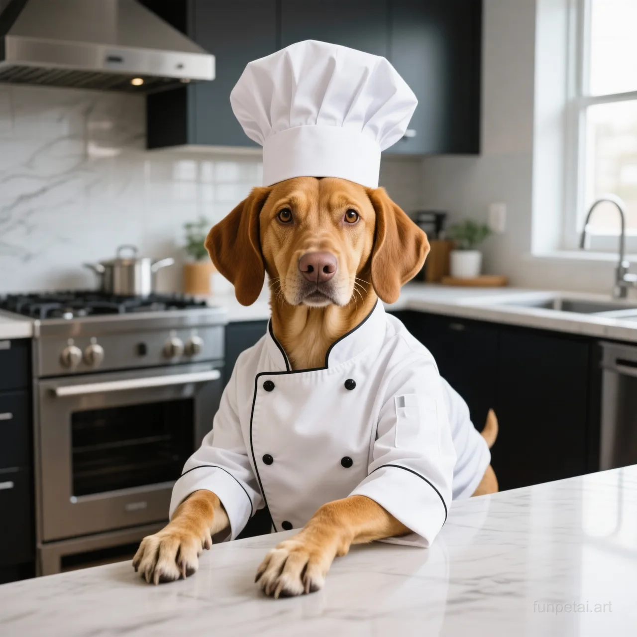 Vizsla wearing a chef hat in a modern kitchen, cinematic AI pet portrait