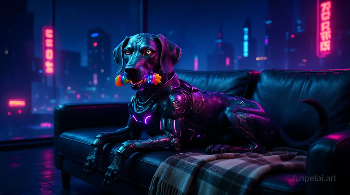 Weimaraner in neon cyberpunk city lights with metallic accents, cinematic AI pet portrait