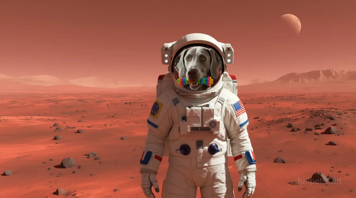 Weimaraner wearing a space suit on Mars, red planet glow, cinematic AI pet portrait