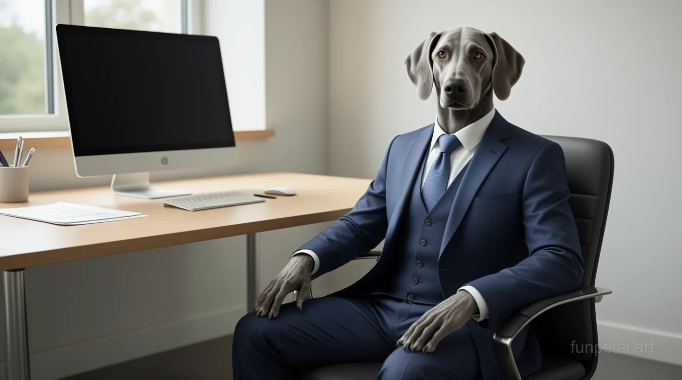 Weimaraner in a tailored suit at a modern office desk, cinematic AI pet portrait
