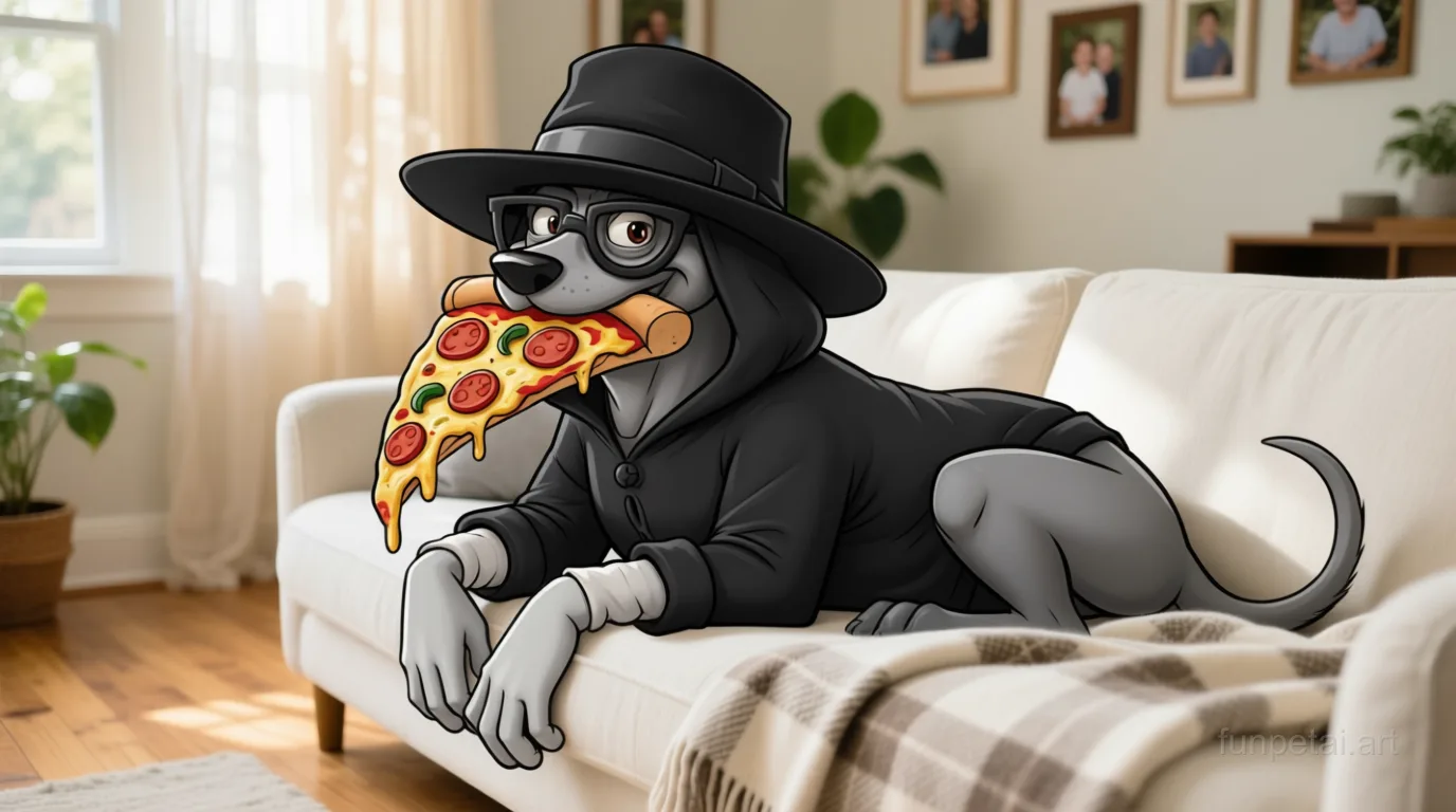 Weimaraner stealing a pizza slice with a playful expression, cinematic AI pet portrait