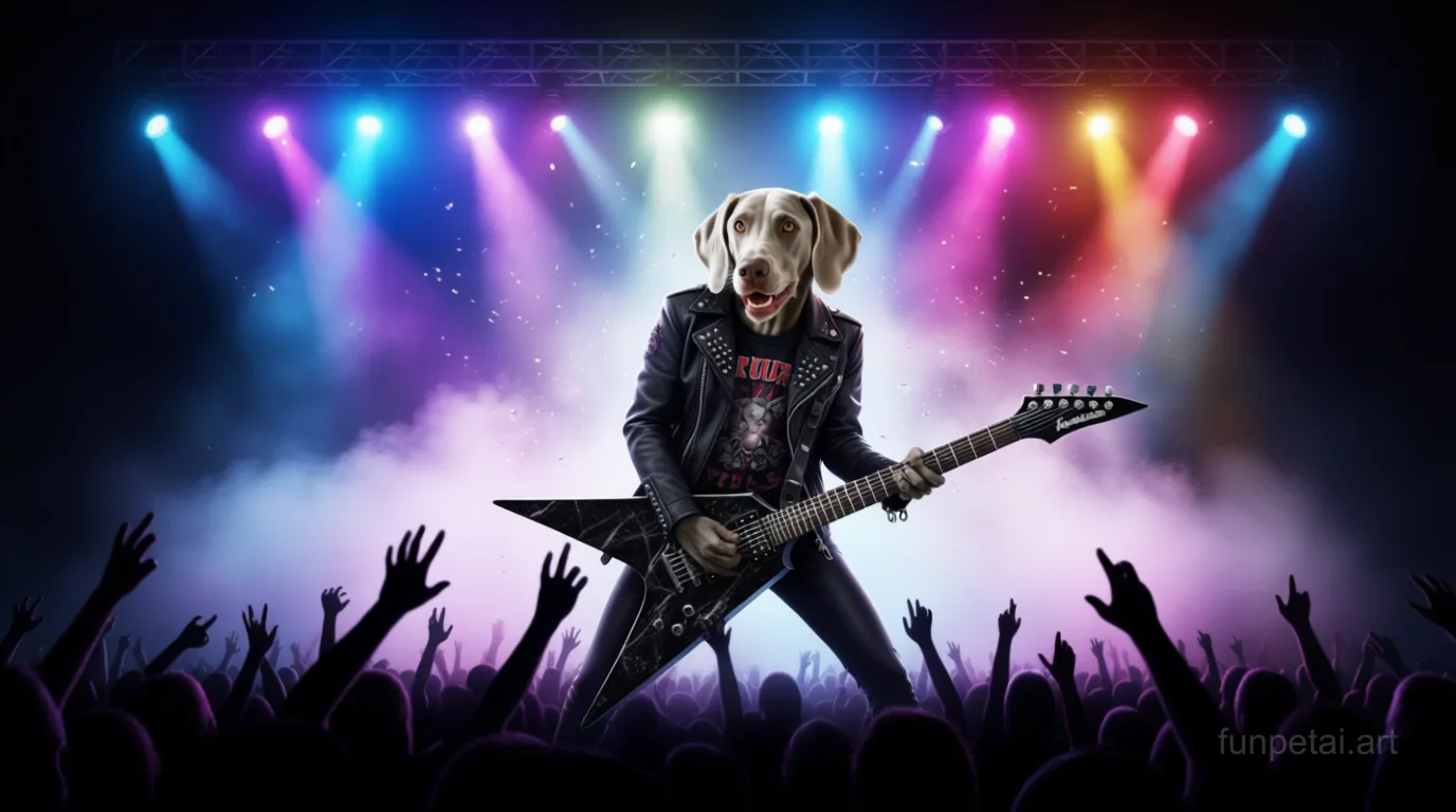 Weimaraner on stage with an electric guitar and concert lights, cinematic AI pet portrait