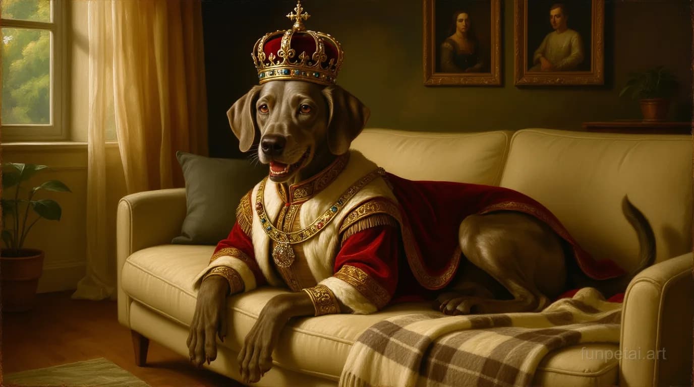Weimaraner in a royal portrait with ornate outfit, classic oil texture, cinematic AI pet portrait