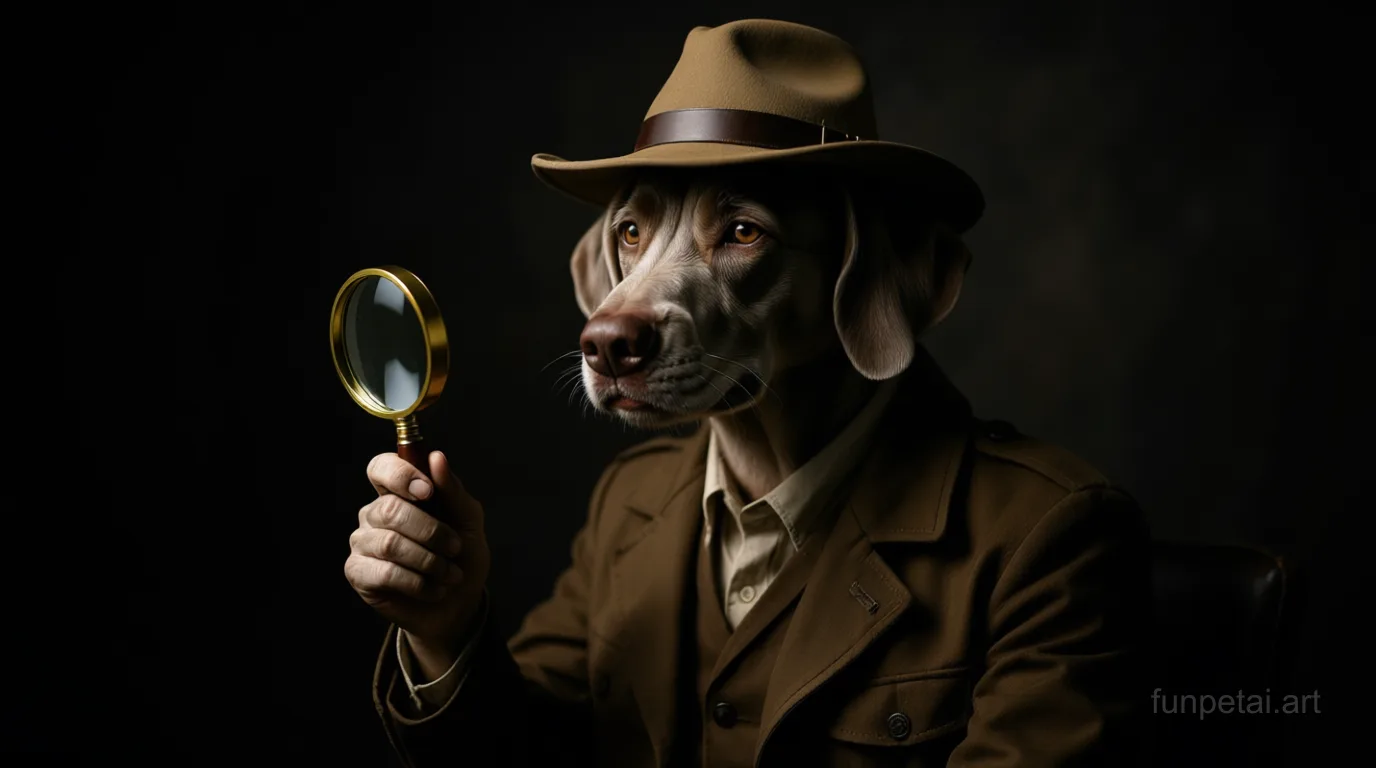 Weimaraner as a detective with a deerstalker hat and magnifier, cinematic AI pet portrait