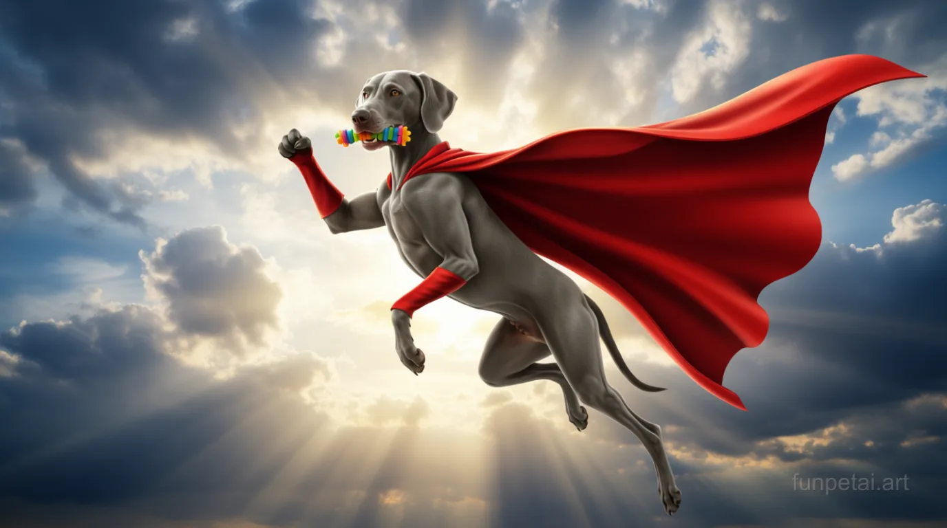 Weimaraner as a superhero with a cape and heroic sky, cinematic AI pet portrait