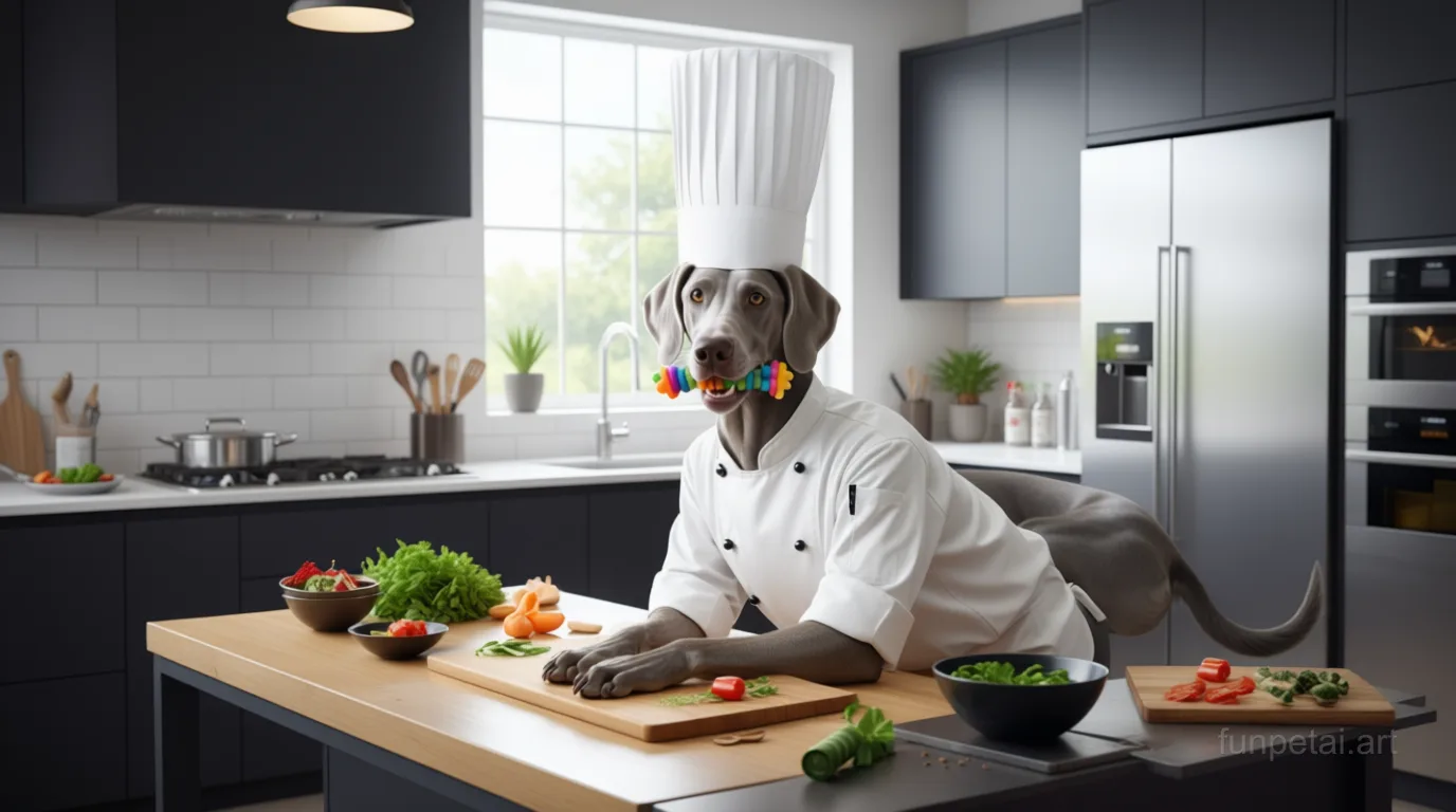 Weimaraner wearing a chef hat in a modern kitchen, cinematic AI pet portrait