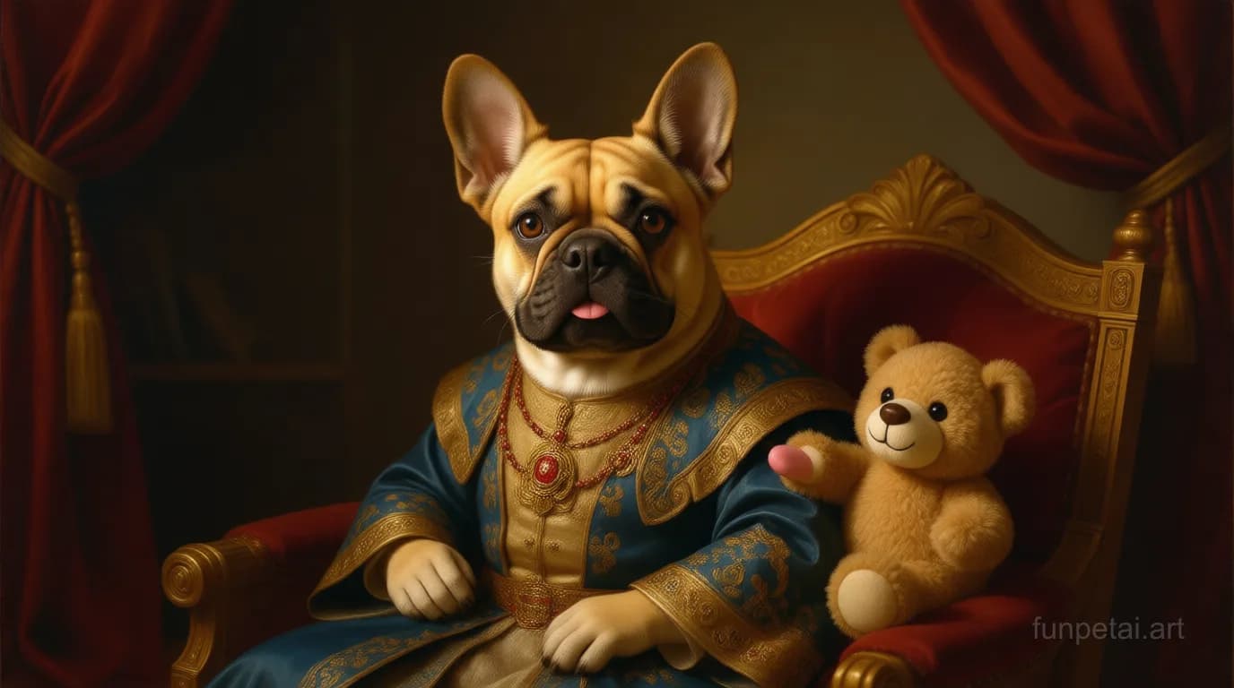 French Bulldog in a royal portrait with ornate outfit, classic oil texture, cinematic AI pet portrait