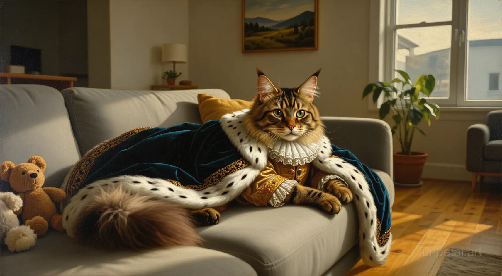 Norwegian Forest Cat in a royal portrait with ornate outfit, classic oil texture, cinematic AI pet portrait