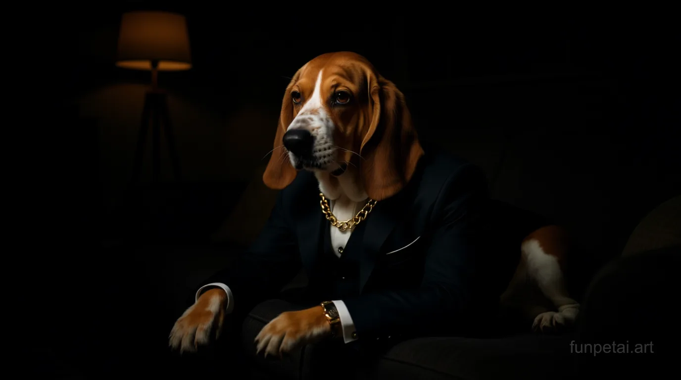 Basset Hound in The Godfather AI pet portrait style