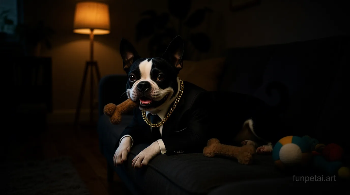 Boston Terrier in The Godfather AI pet portrait style