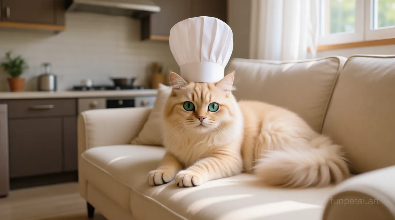 Persian wearing a chef hat in a modern kitchen, cinematic AI pet portrait