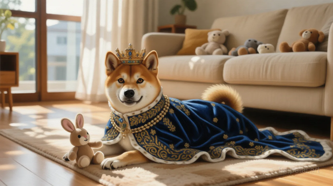 Shiba Inu in a royal portrait with ornate outfit, classic oil texture, cinematic AI pet portrait